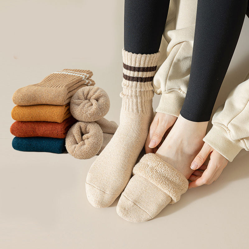 Wholesale Women's Cashmere Socks, Crew Striped Lazy Socks, Thick Warm Wool Socks for Winter