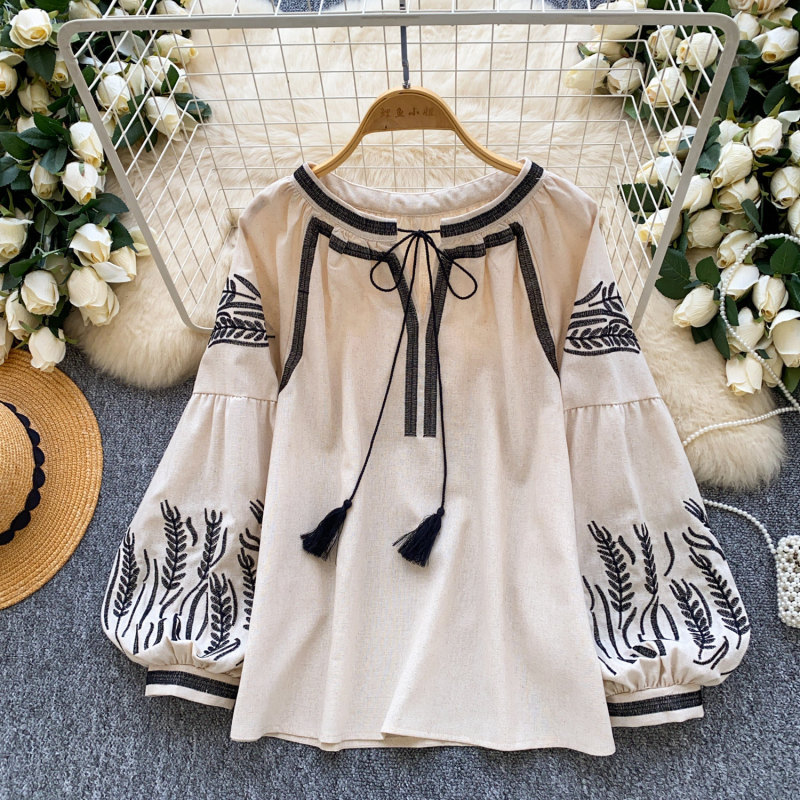 Bohemian Style Lantern Sleeve Embroidered Loose Shirt for Women Early Spring Tie-Up Loose Fit Vintage Design Top Bohemian Style Lantern Sleeve Embroidered Loose Shirt for Women Early Spring Tie-Up Loose Fit Vintage Design Top
