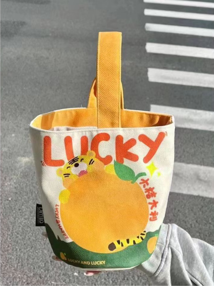 Nuevo tipo de bolso de lona gran impresión naranja italiana bolso de mano pequeño bolso de mano taza de bento para salir bolso pequeño lindo