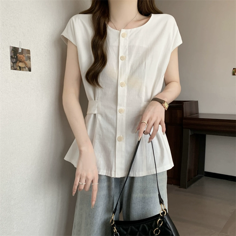 Женские новые элегантные однобортные рубашки без рукавов в корейском стиле с круглым вырезом и облегающей талией, универсальные рубашки из хлопка и льна для женщин больших размеров