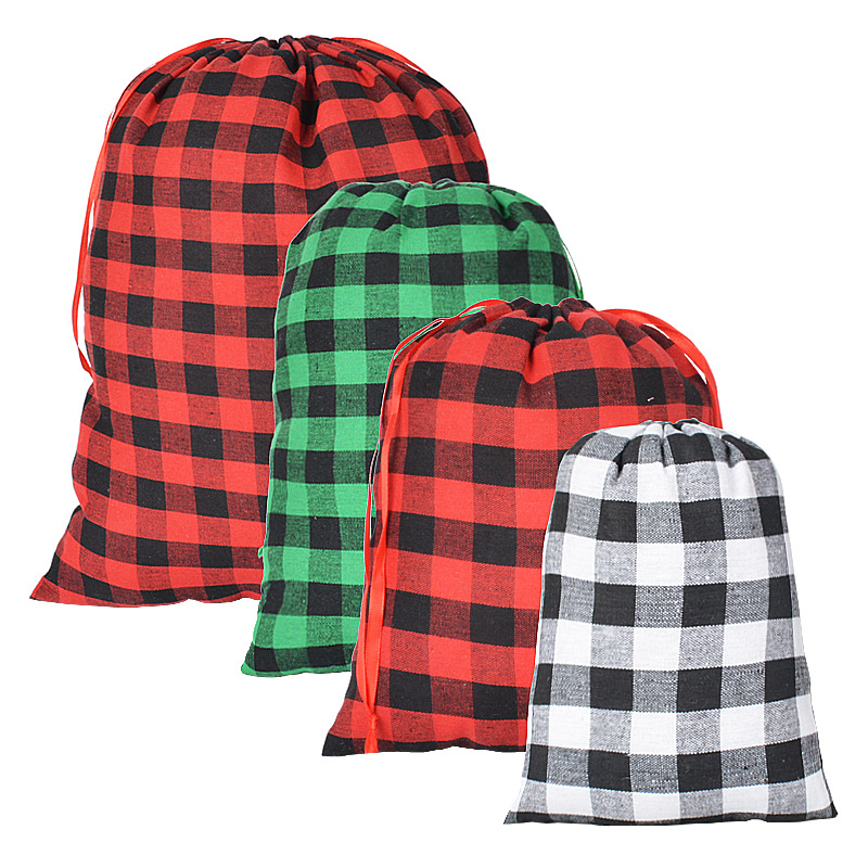 2023新款现货圣诞棉布袋节日糖果礼物收纳袋黑白格子抽绳束口袋