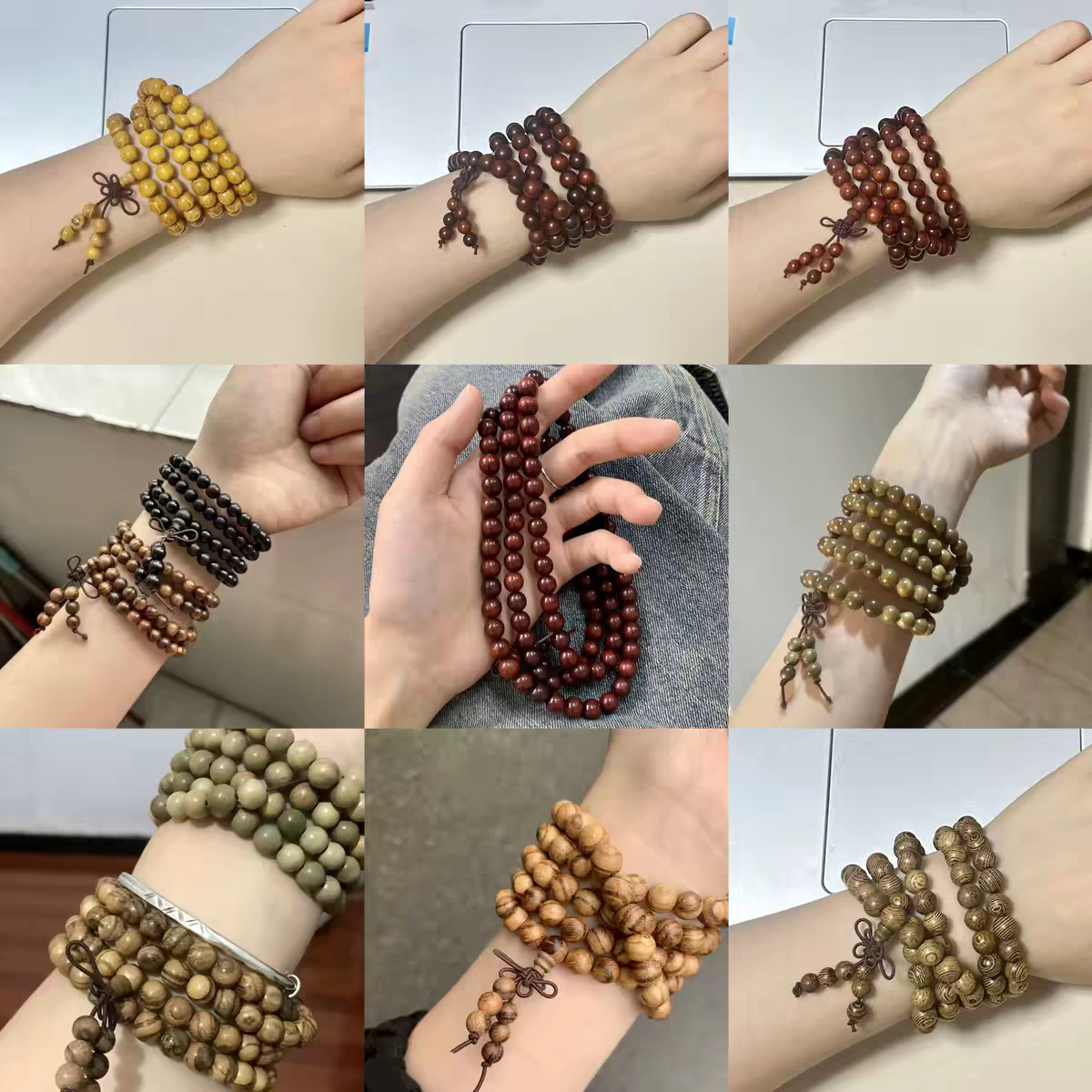 108 Fortune-Bringing Buddhist Beads Made of Black Sandalwood, Green Sandalwood, and Cypress, Small Vajra Beads, Black Rosewood Prayer Beads Bracelet for Men and Women, Couple's Jewelry