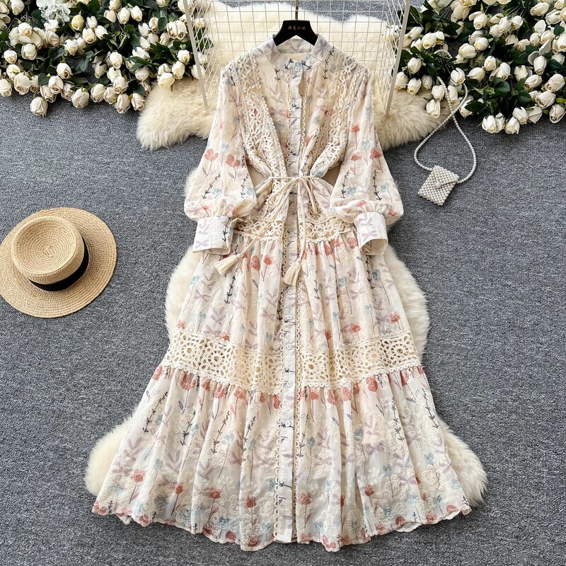 Palace Style Niche High-end Lace Stitching Waist dress Women's French Slim Look Printed Embroidered Fairy Dress Palace Style Niche High-end Lace Stitching Waist dress Women's French Slim Look Printed Embroidered Fairy Dress