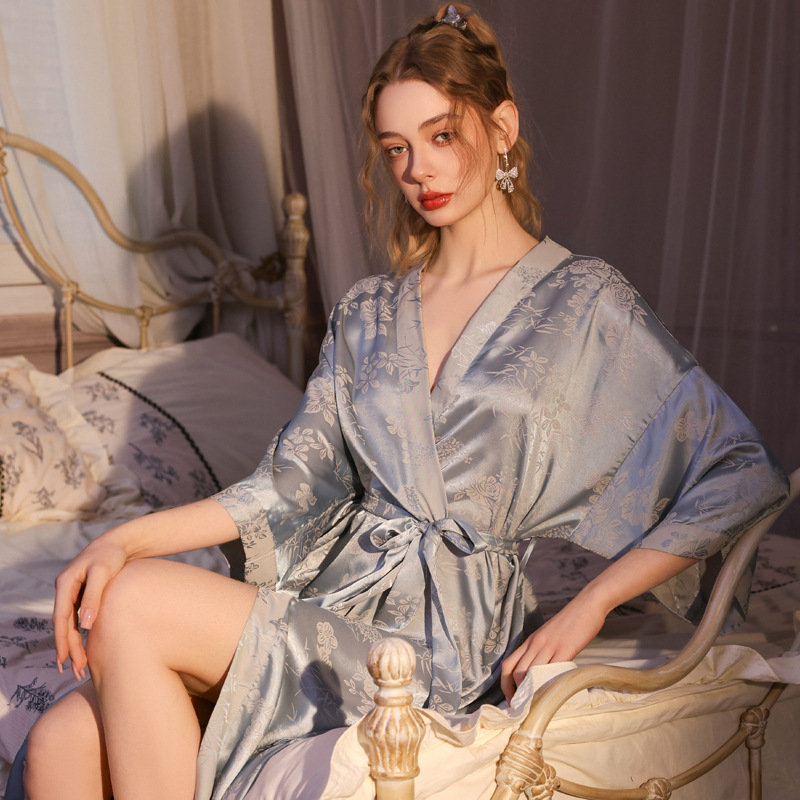 Chinese Style Pajamas for Women, New Spring and Summer Long Jacquard Ice Silk Satin Robe, Japanese-Style Cardigan Bathrobe, Autumn Chinese Style Pajamas for Women, New Spring and Summer Long Jacquard Ice Silk Satin Robe, Japanese-Style Cardigan Bathrobe, Autumn