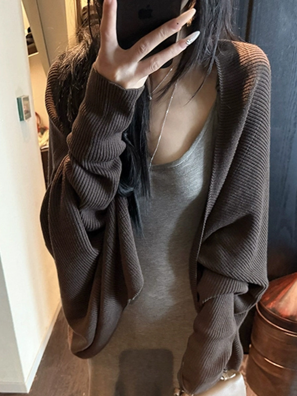 槿一 绵羊毛混纺蝙蝠袖慵懒风气质针织开衫女秋季百搭休闲外套潮|undefined