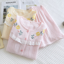 夏季新款绉布短袖短裤   双层棉纱女士家居服  清新简约睡衣套装