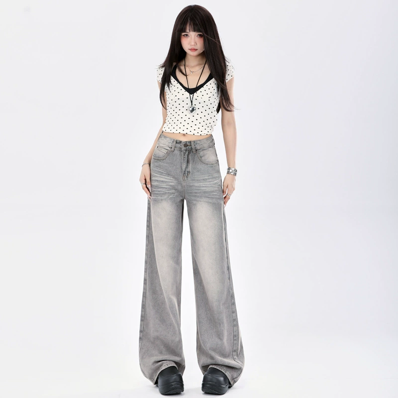 American Retro Style Smoky Gray High-End Wide-Leg Jeans for Women 2026 New Model Drapey Loose Straight-Leg Floor-Length Pants