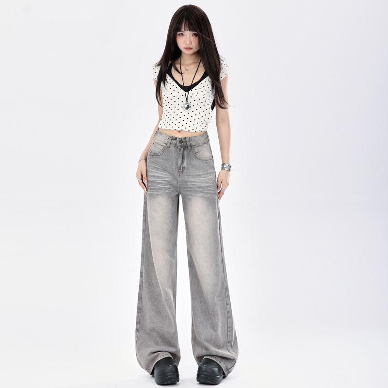 American Retro Style Smoky Gray High-End Wide-Leg Jeans for Women 2026 New Model Drapey Loose Straight-Leg Floor-Length Pants