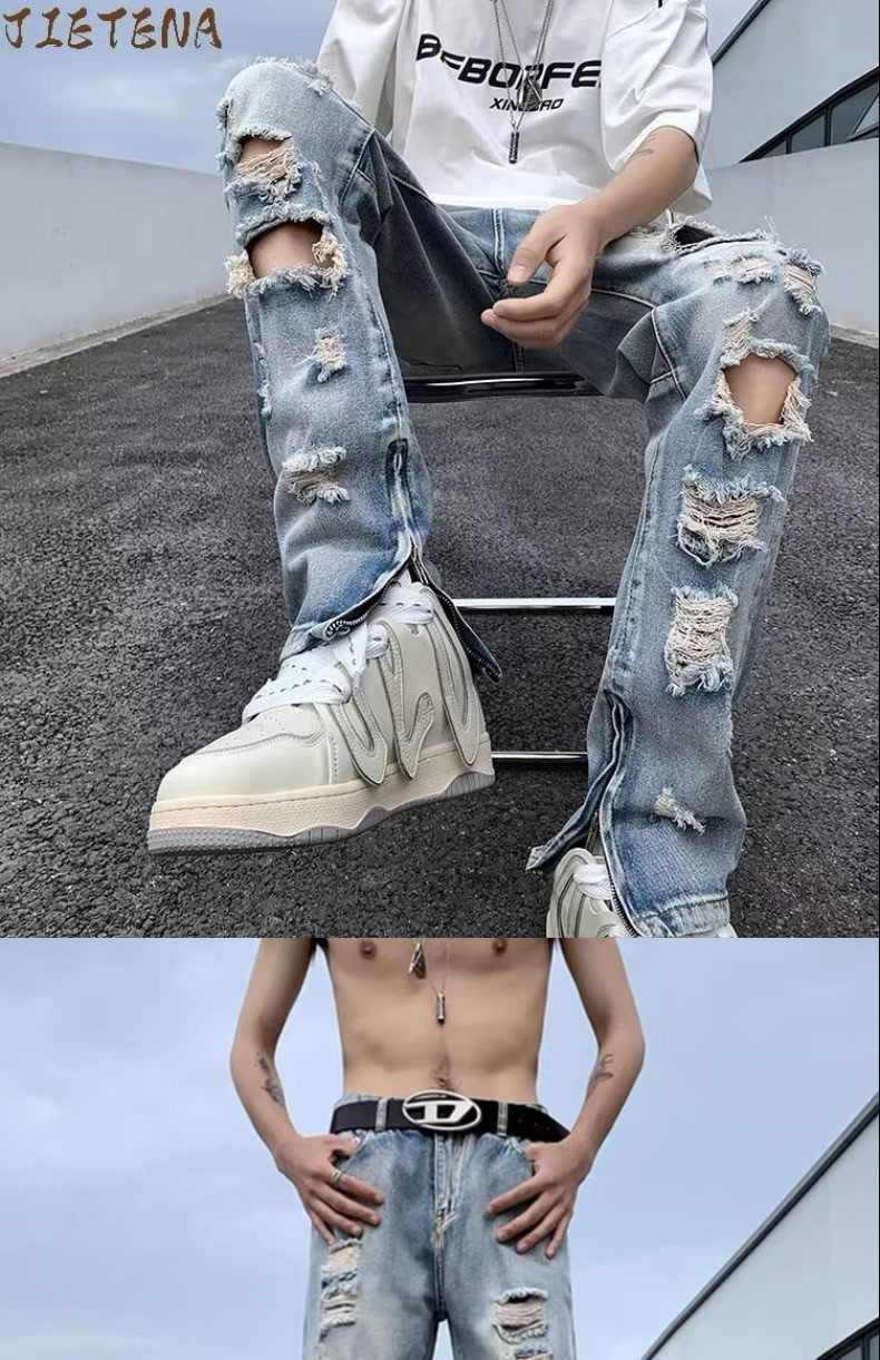 boy Style Vibe Trendy Brand European And American Ins High Street Ripped Jeans Men's Zipper Split Beggar Pants_viptrois.com