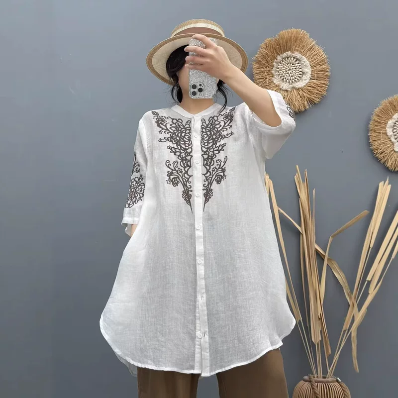 Кардиган с круглым воротником, рубашка, oversize, с вышивкой