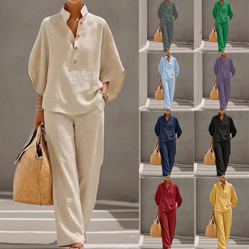 2026 Autumn New European and American Women's Fashion Casual Loose Two-Piece Set Solid Color Stand Collar Nine-Quarter Sleeve Shirt and Long Pants Set