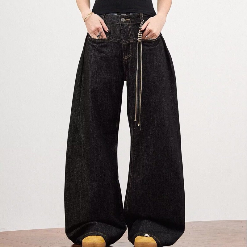 American Retro High Street Slim Silhouette Scimitar Jeans for Men and Women Versatile Straight Wide-Leg Floor-Length Loose Casual Pants