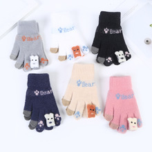 女生秋冬天保暖手套加绒加厚外出骑车全指针织毛线卡通可爱可触屏