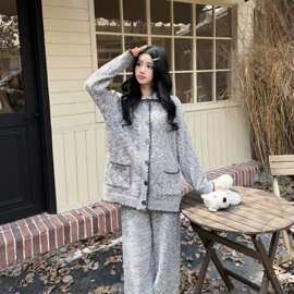 新款秋冬季睡衣女半边绒翻领带口袋少女保暖家居服套装可外穿