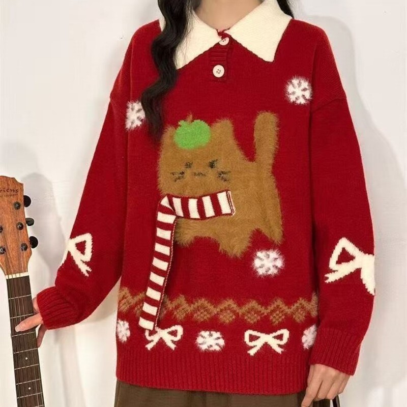 New Autumn/Winter Christmas Cartoon Embroidered Knit Sweater, Versatile Loose Scarf, Puppy Color-Block Turn-Down Collar Women's Top New Autumn/Winter Christmas Cartoon Embroidered Knit Sweater, Versatile Loose Scarf, Puppy Color-Block Turn-Down Collar Women's Top