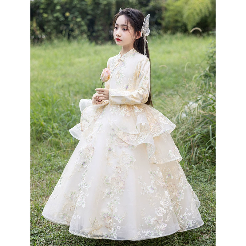 Piano performance costume, children's long-sleeve, small princess costume, flower girl dress, Birthday gift, tutu skirt