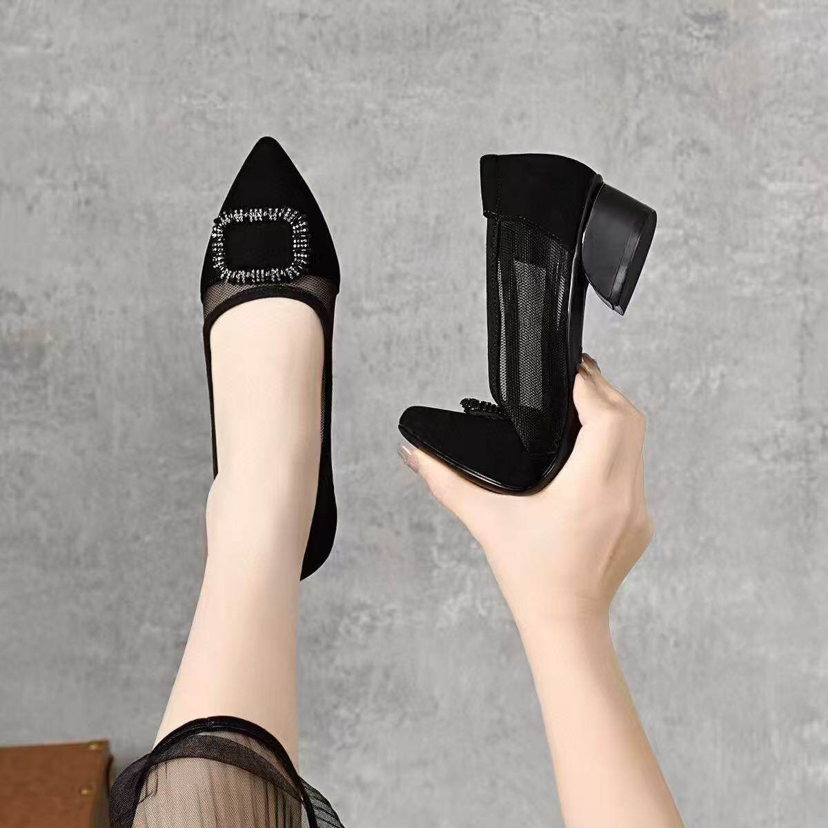 Sandal nữ mũi nhọn chất da, gót thô 3 cm, đế mềm thoáng khí — Đen 3cm chi tiết 5