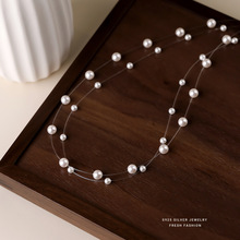 明星同款双层鱼线珍珠项链女ins叠戴法式轻奢施家珠锁骨链批发