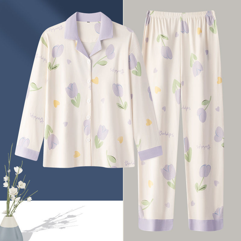 Nuevo algodón madres pijamas mujeres de otoño primavera y otoño de manga larga tamaño grande delgado se puede usar fuera conjunto de ropa de casa