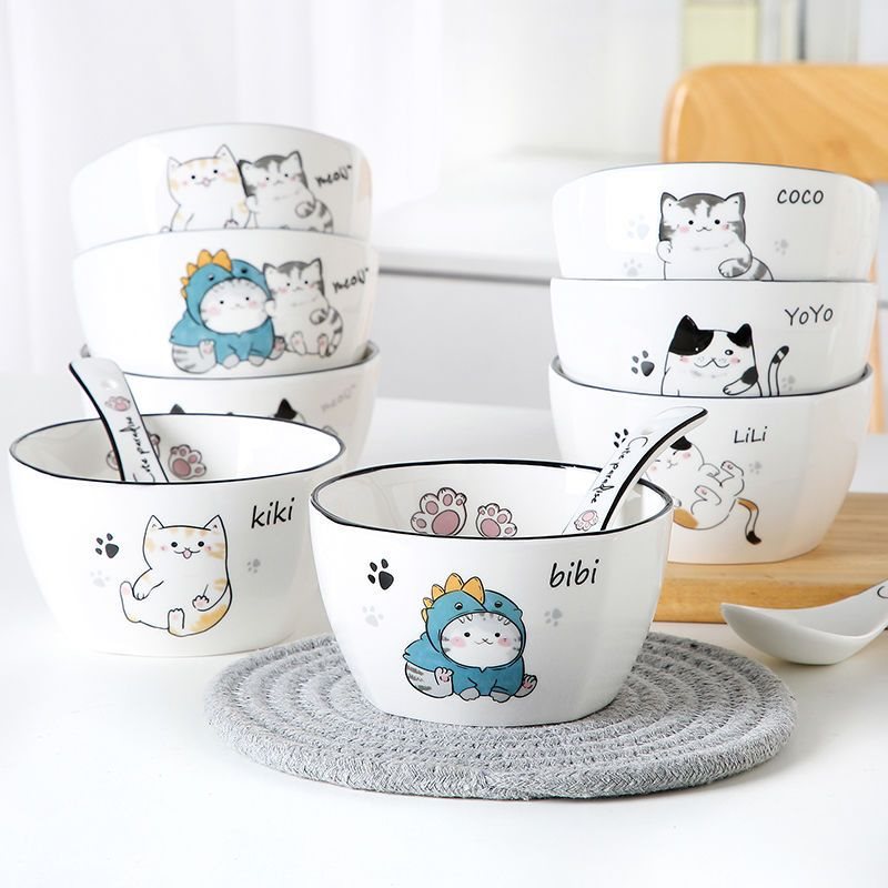 简约家用陶瓷米饭碗个性卡通猫咪家庭区分碗可爱创意餐具组合套装