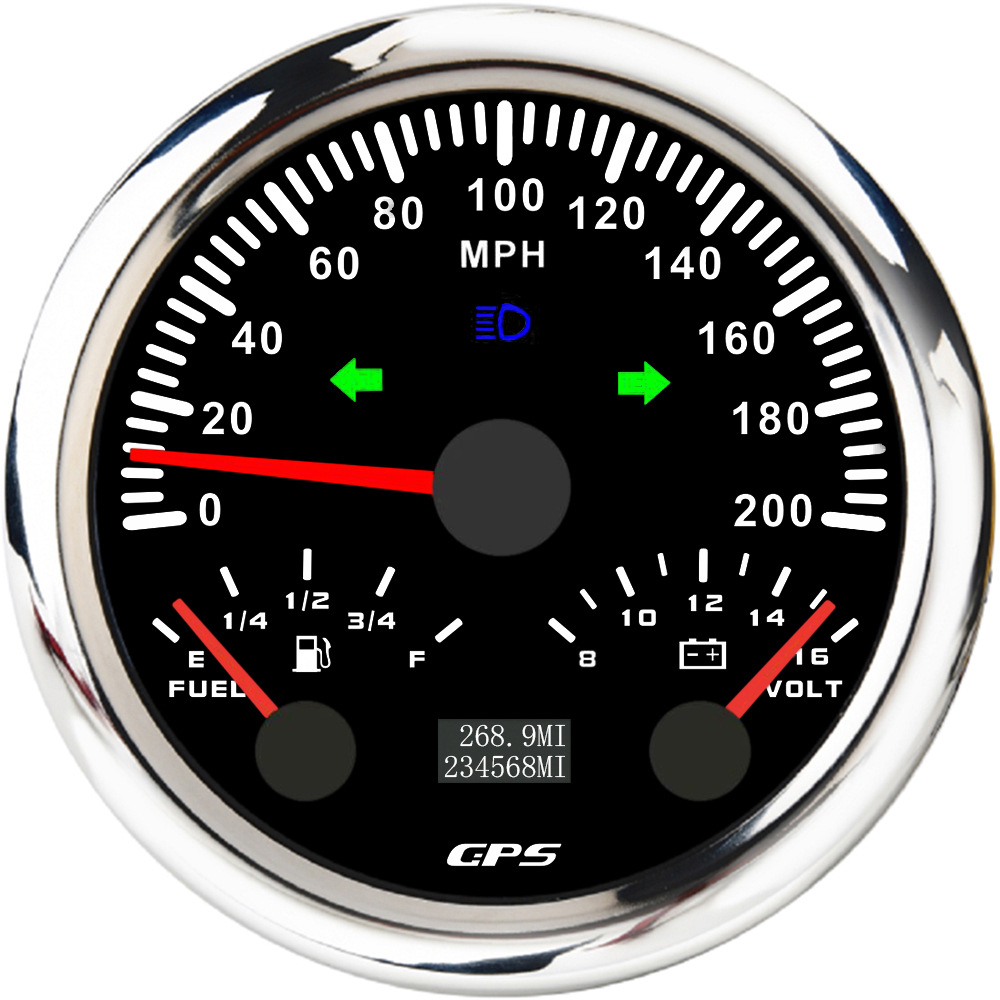 automobile instrument: ELING Oil Level Voltmeter - 0-200mph-silver-edge-black-background