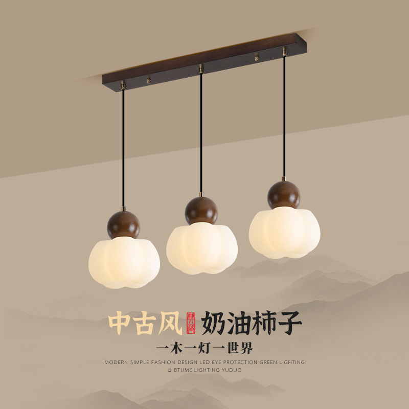 Japanese Style Vintage Restaurant Chandelier Triple Simple Walnut Bar Dining Table Lamp Middle Ancient Quiet Small Chandelier