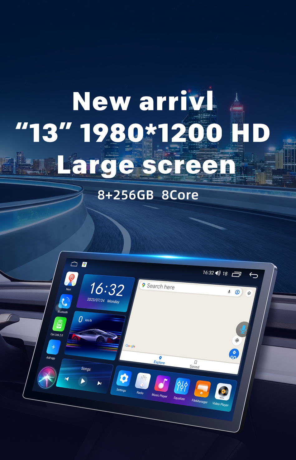 Source Factory 13inch Car Android Navigation Universal Device with 2K Large Screen Supports 360 Panoramic View and Wireless Carplay