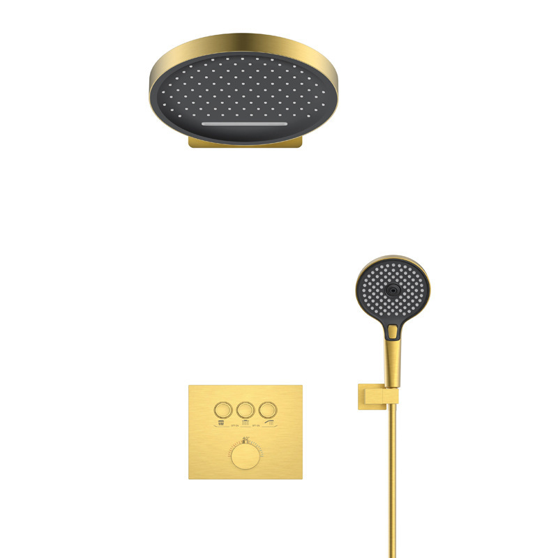 Luxury Gun Gray Brushed Gold Concealed Brass Shower Head System Wall Mounted Thermostatic Faucet Rain Spray Plating