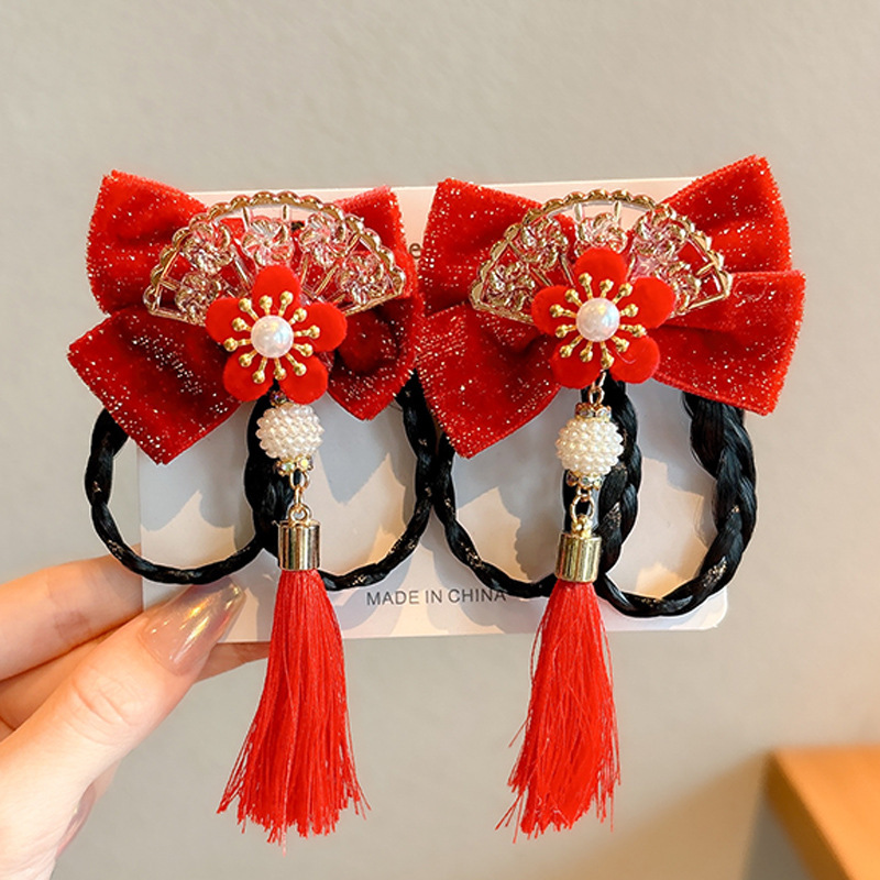 Abanico de flores, peluca encadenada, trenzada, perla, clip de pelo con borlas