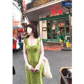 海边度假风复古绿色小飞袖碎花长裙超仙女蕾丝花边无袖连衣裙