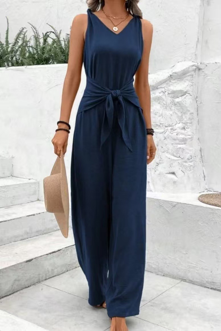 Damen Jumpsuit Mit V-ausschnitt Knoten-detail Und Weitem Bein_voghion.com
