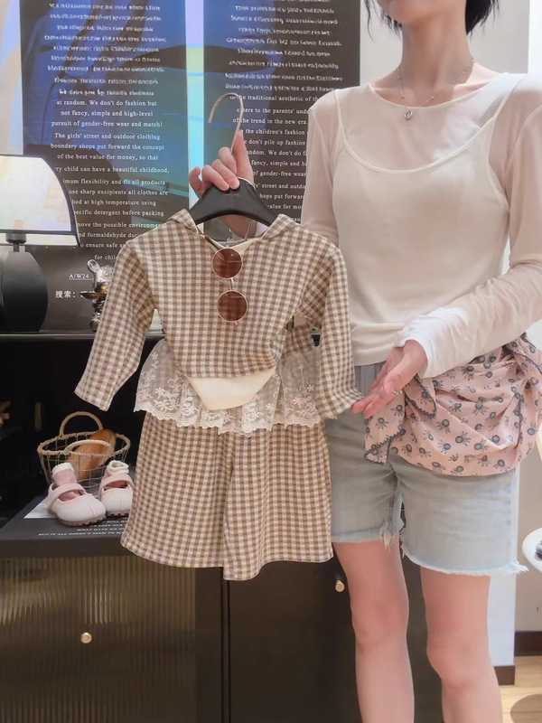 2025新款连帽格子套装 蕾丝花边屁帘阔腿裤女童套装宝宝格子可爱|undefined
