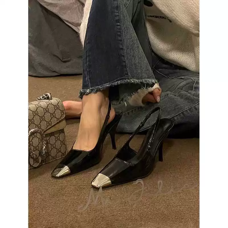 Туфли на высоком каблуке женские 2023 весна и осень New Park Choi-Ying с металлическим квадратным носком на тонком каблуке черные лакированные туфли Royal Sister