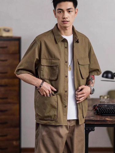 Workwear Japanese retro short-sleeve shirt for men, thin cotton, multi-pocket casual outerwear, stylish chic jacket