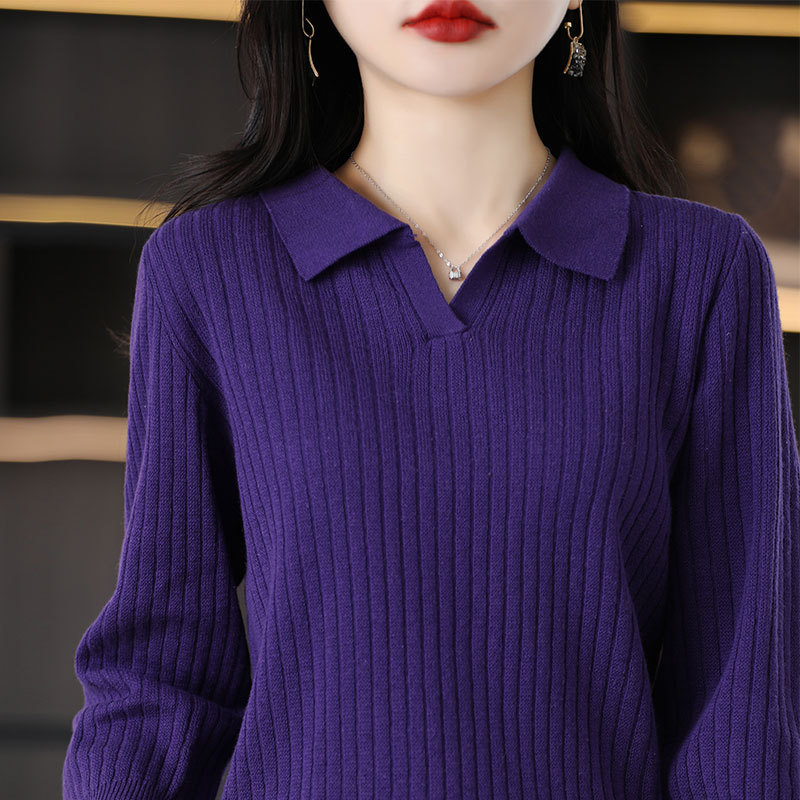 Spring and Autumn cotton thread POLO collar lapel 3/4 sleeve knitted bottoming shirt Women's loose slimming underwear sweater
