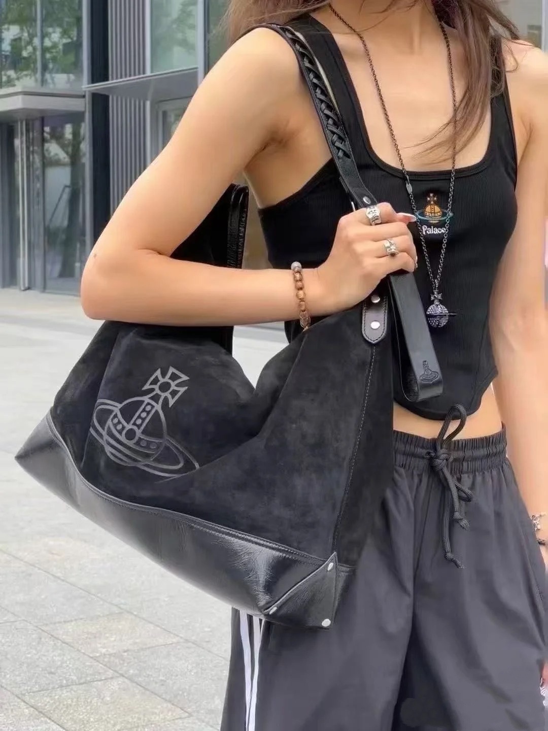 Vivienne Westwood Saturn Vintage Hobo Bag Retro Suede Tote Bag For Women Large Capacity Shoulder Underarm Bag - Thumbnail 6