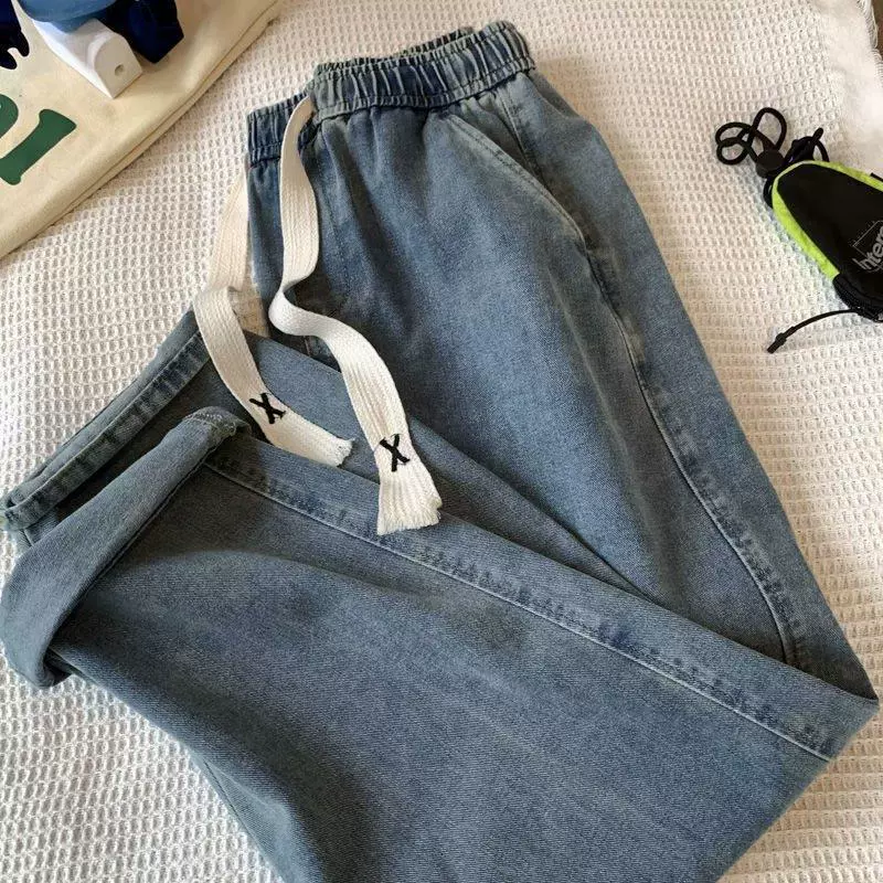 Джинсы Tide, осенние брюки с шнурком, эластичная талия, свободный прямой покрой, оверсайз