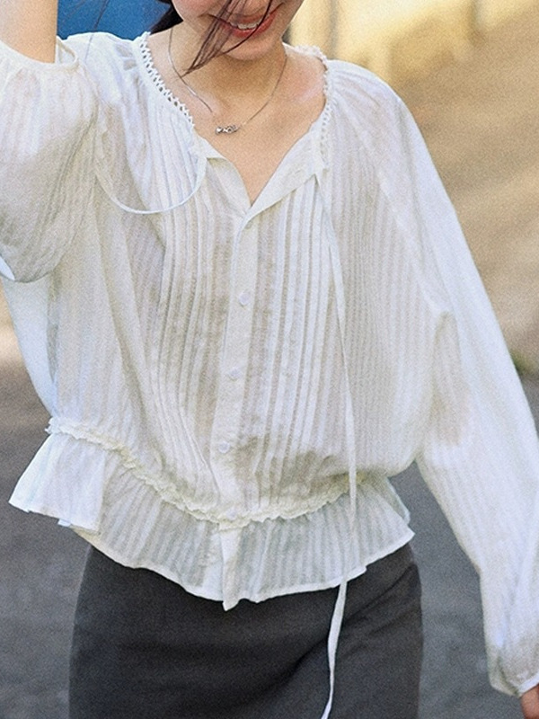 Lalgow 暗藏的浪漫   新款法式蕾丝压褶衬衫女秋休闲显瘦百搭上衣|undefined