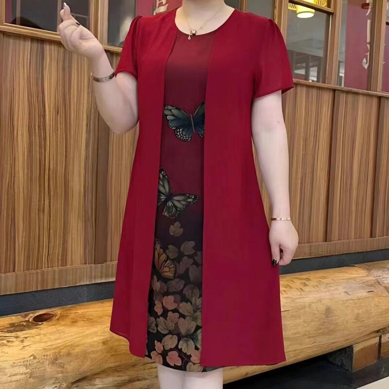2026 Summer New Style Fake Two-Piece Dress for Moms, Fashionable and Versatile Long Dress for Middle-Aged and Elderly Women, Slimming and Tummy-Concealing