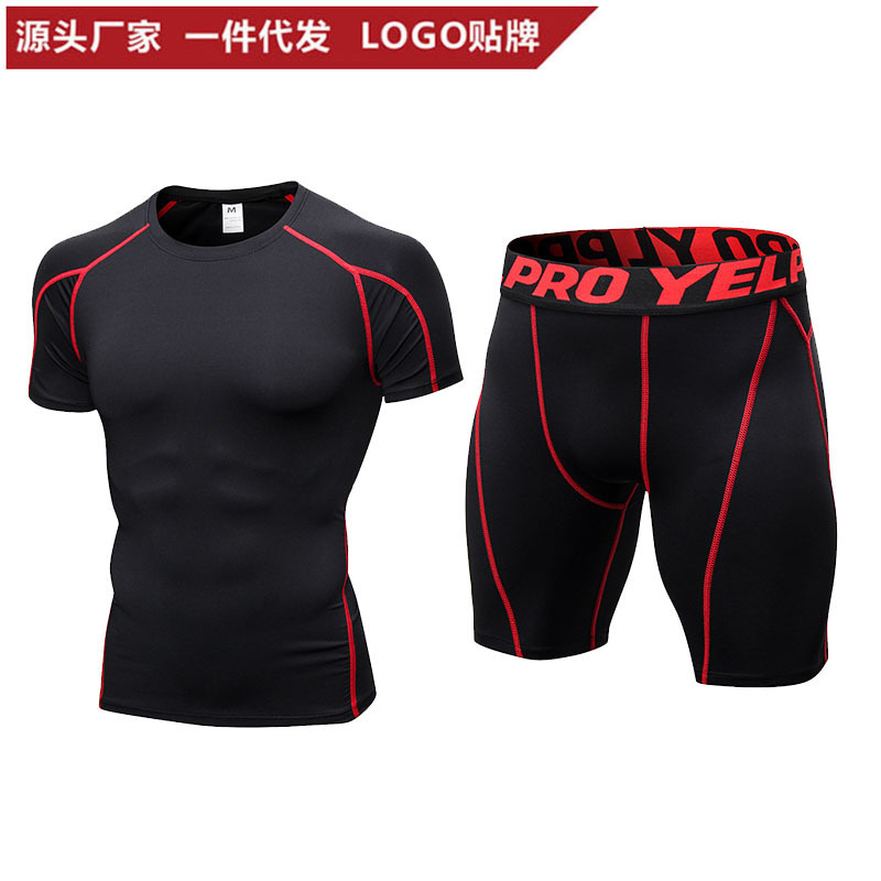 Men's Fitness Clothing Short-sleeved suit Quick-drying Sweat-wicking Elastic Training Clothing Tight-fitting Sports Running Basketball Two-piece Set
