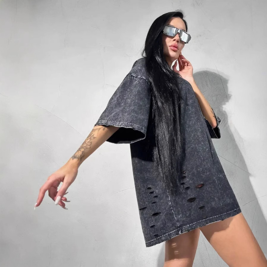 Amazon ins lavado retro agujero marca de moda algodón de manga corta blusa suelta camiseta 2024 casual versátil