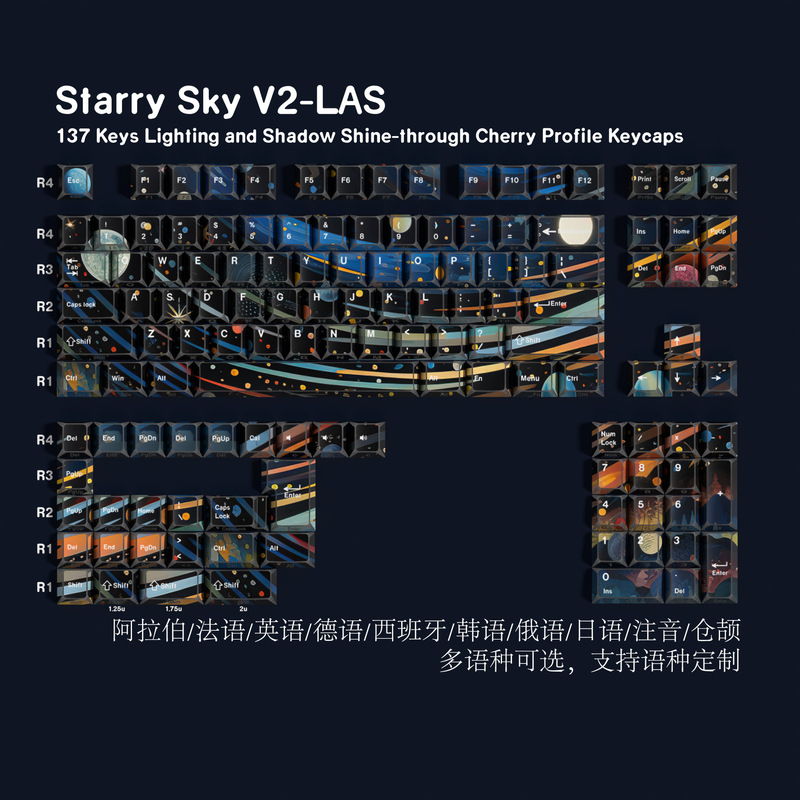 Starry Sky Reflective Angled Double-Engraved Translucent Pbt Keycaps with Korean, Russian, Phonetic, European Standard, and Minor Languages for Cross-Border Use Starry Sky Reflective Angled Double-Engraved Translucent Pbt Keycaps with Korean, Russian, Phonetic, European Standard, and Minor Languages for Cross-Border Use