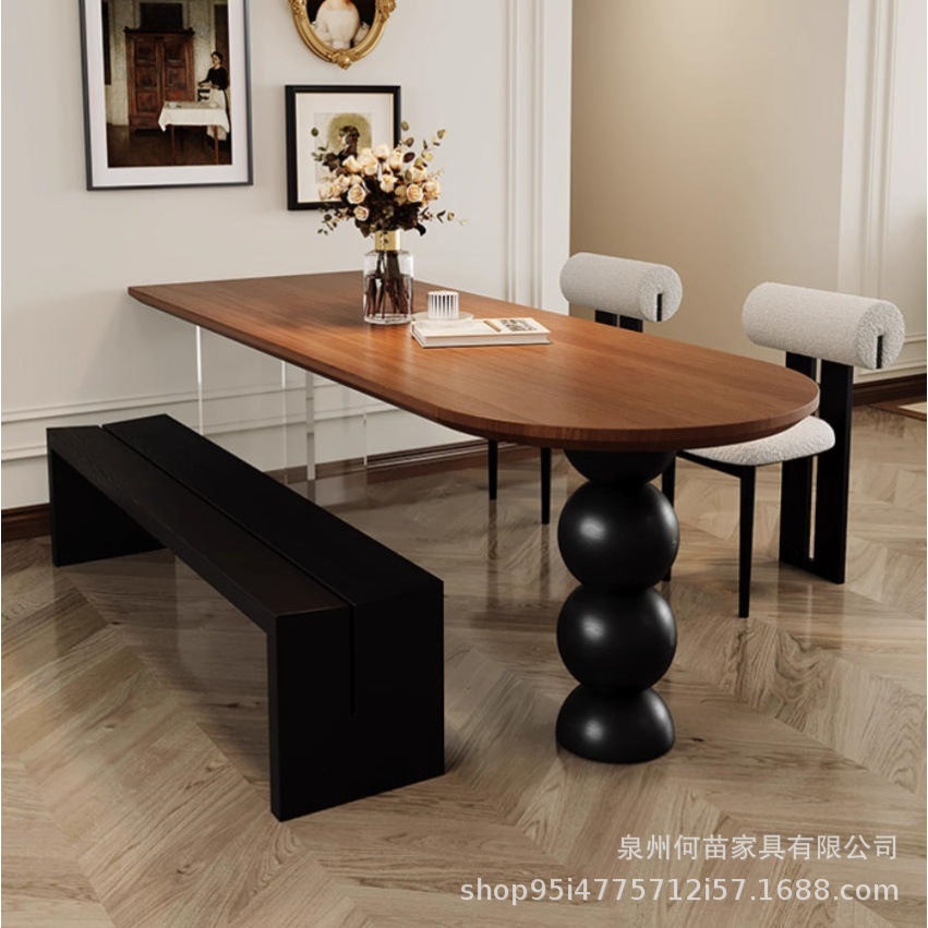 French Solid Wood Dining Table and Chairs, a Set of Small Apartment Living Room Dining Table, Antique Style Dining Table, Semi-Circular Long Table