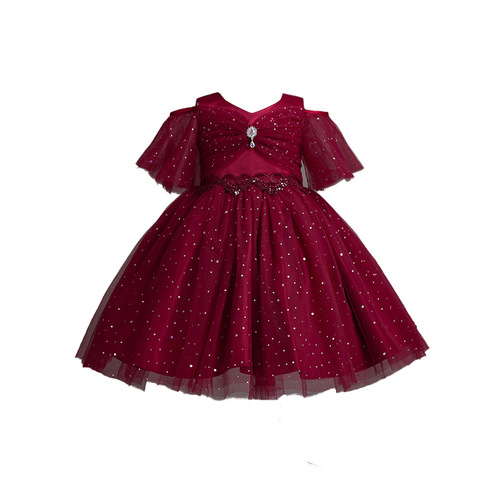 New women's children's wedding dress and princess dress, half sleeve flower child ballon host performance lace dress, cross-border
