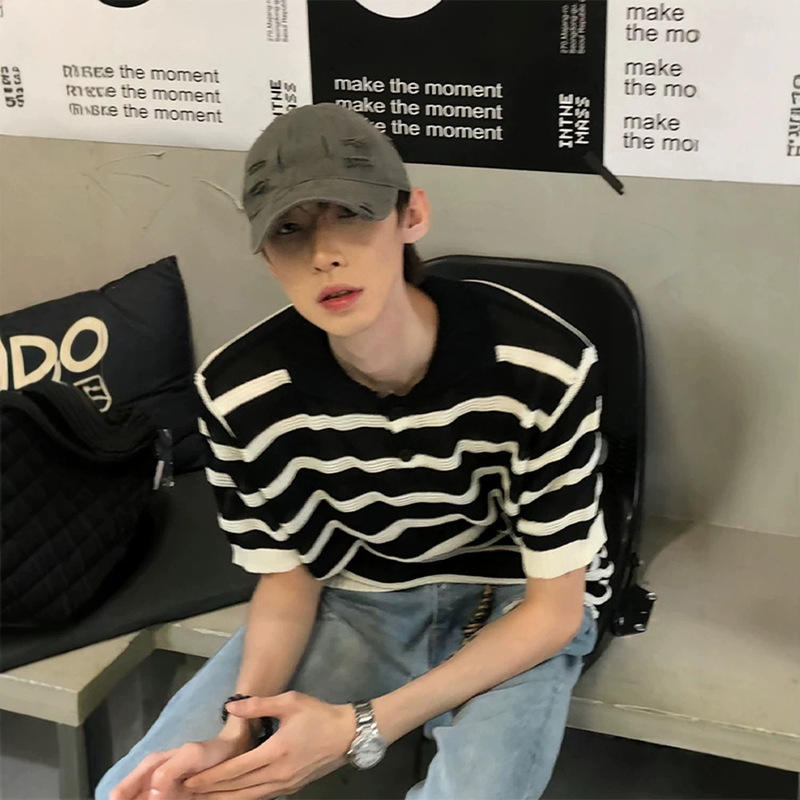Black and White Striped Hollow Ice Silk Knitted Sweater American Polo Shirt Short-sleeved Men's Summer Design Sense Niche Lassel T-shirt Black and White Striped Hollow Ice Silk Knitted Sweater American Polo Shirt Short-sleeved Men's Summer Design Sense Niche Lassel T-shirt