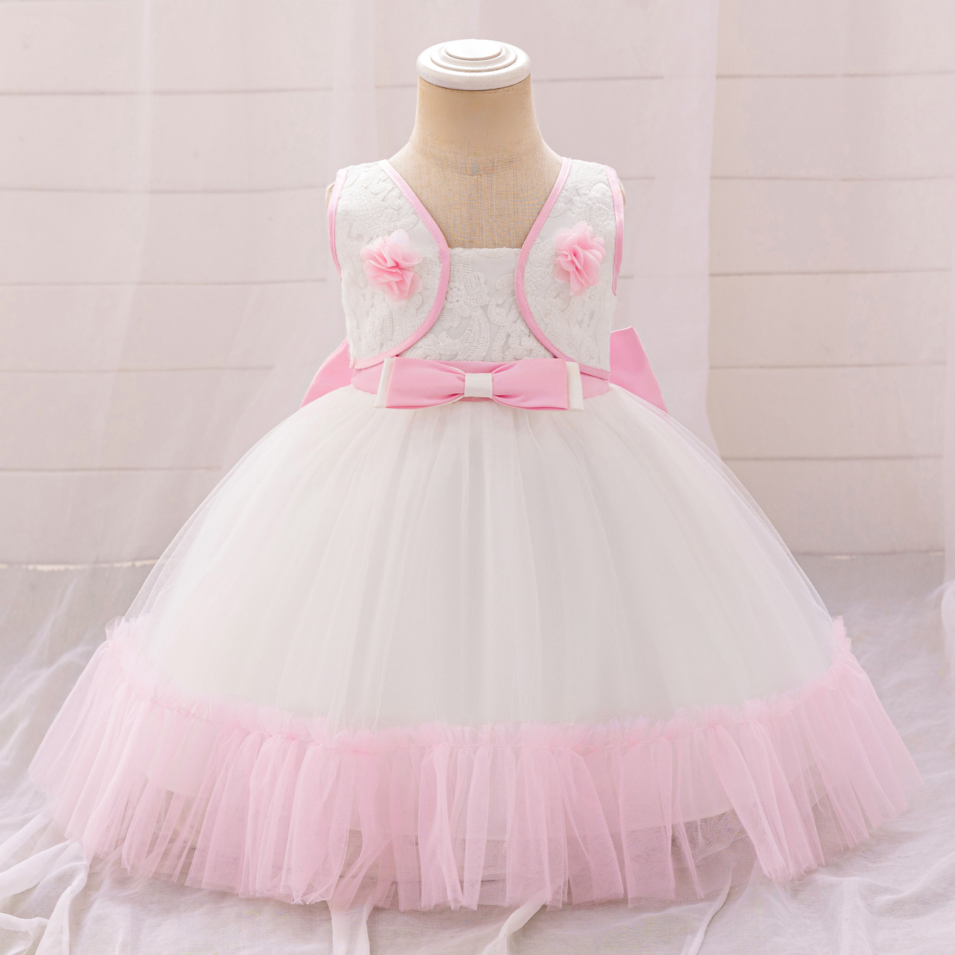 Baby dress nuevo vestido infantil de comercio exterior pompón vestido vestido de princesa de flores con lazo vestido de año nuevo