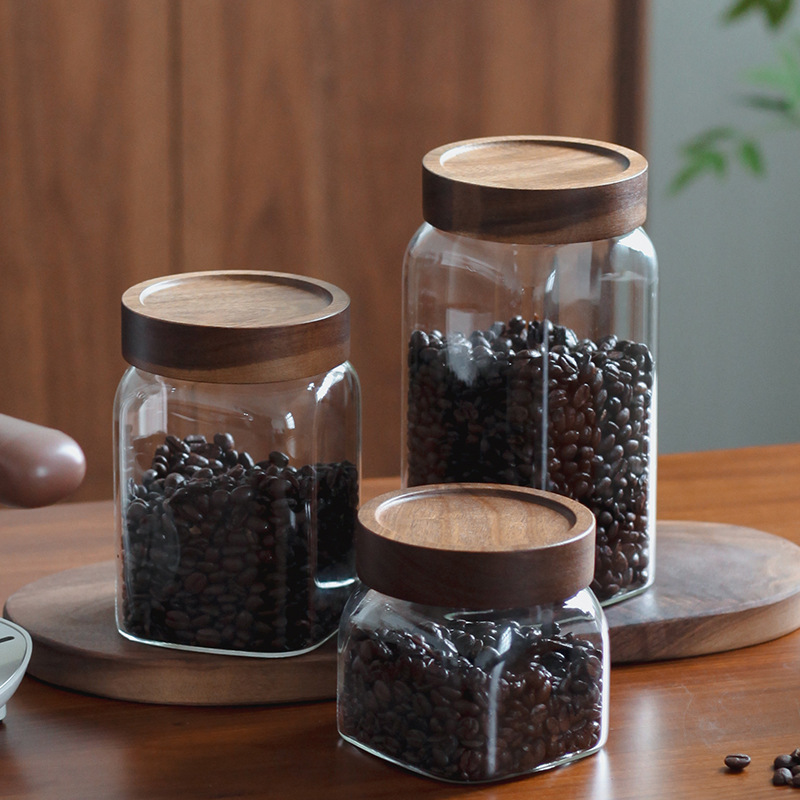 アカシア木製蓋ガラス茶缶コーヒー豆保存密封缶家庭用ドライフルーツスナック穀物保存缶|undefined