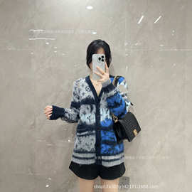 南油高端慵懒针织羊绒马海老花开衫外套男女同款撞色纽扣宽松毛衣