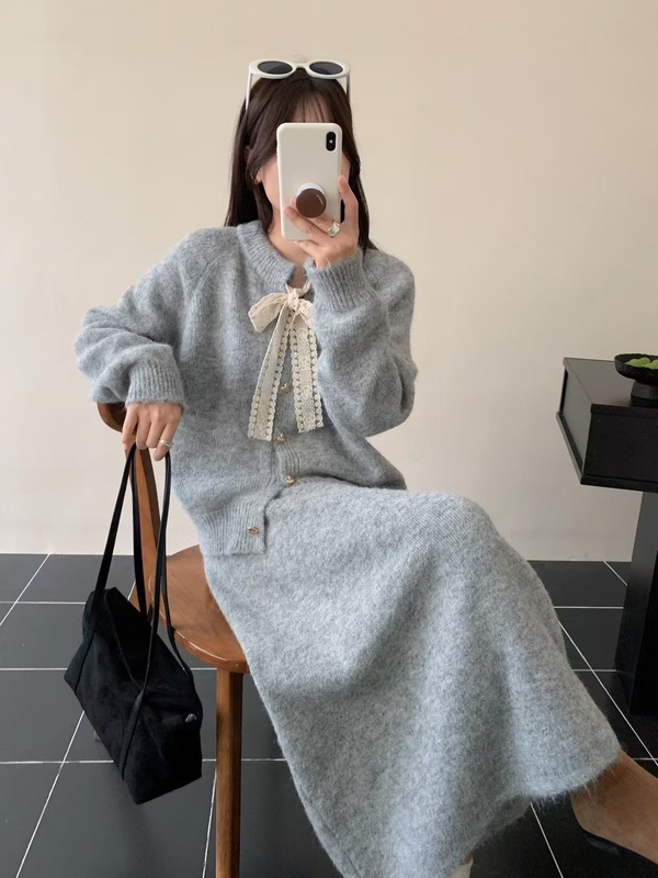 设计感系带毛衣开衫+半身长裙套装女秋冬新款宽松慵懒针织两件套|undefined