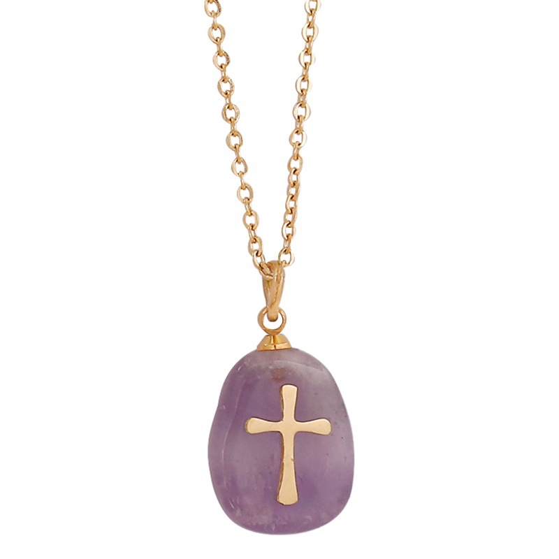 European and American cross-border jewelry natural stone cross necklace women's simple clavicle chain stainless steel necklace N857